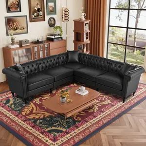 Tufted L Shaped Sectional Sofa, PU Leather Modular Couch for Man Cave & Living Room, Luxe 2-Piece Set with Pillows