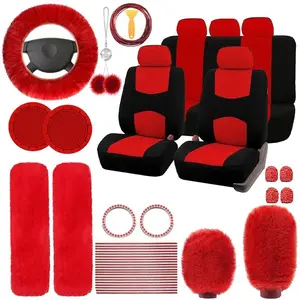 45pcs Car Seat Covers & Interior Accessories Set: Thin Polyester Five-Seat Car Seat Covers, Plush Steering Wheel Cover, Shoulder Pads, Gear Shift Knob Cover, Rearview Mirror Ornaments, Cup Pads, Tire Valve Oven Trim Strips, Suitable for Most Cars and SUV