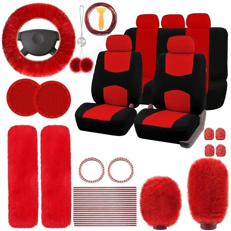 45pcs Car Seat Covers & Interior Accessories Set, Automotive Decoration, Vehicle Decor, Polyester Five-Seat Car Seat Covers, Steering Wheel Cover, Shoulder Pads, Gear Shift Knob Cover, Cup Pads, Tire Valve Trim Strips, Suitable for Most Cars and SUV