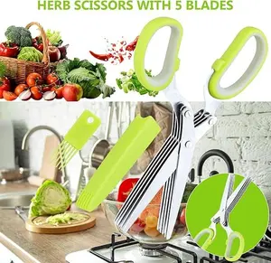 Herb Scissors Set, Kitchen Scissors with 5 Blades and Cover, Multipurpose Cutting Kitchen Herb Shears with Safety Cover and Cleaning Comb for Cutting Herbs and Papers