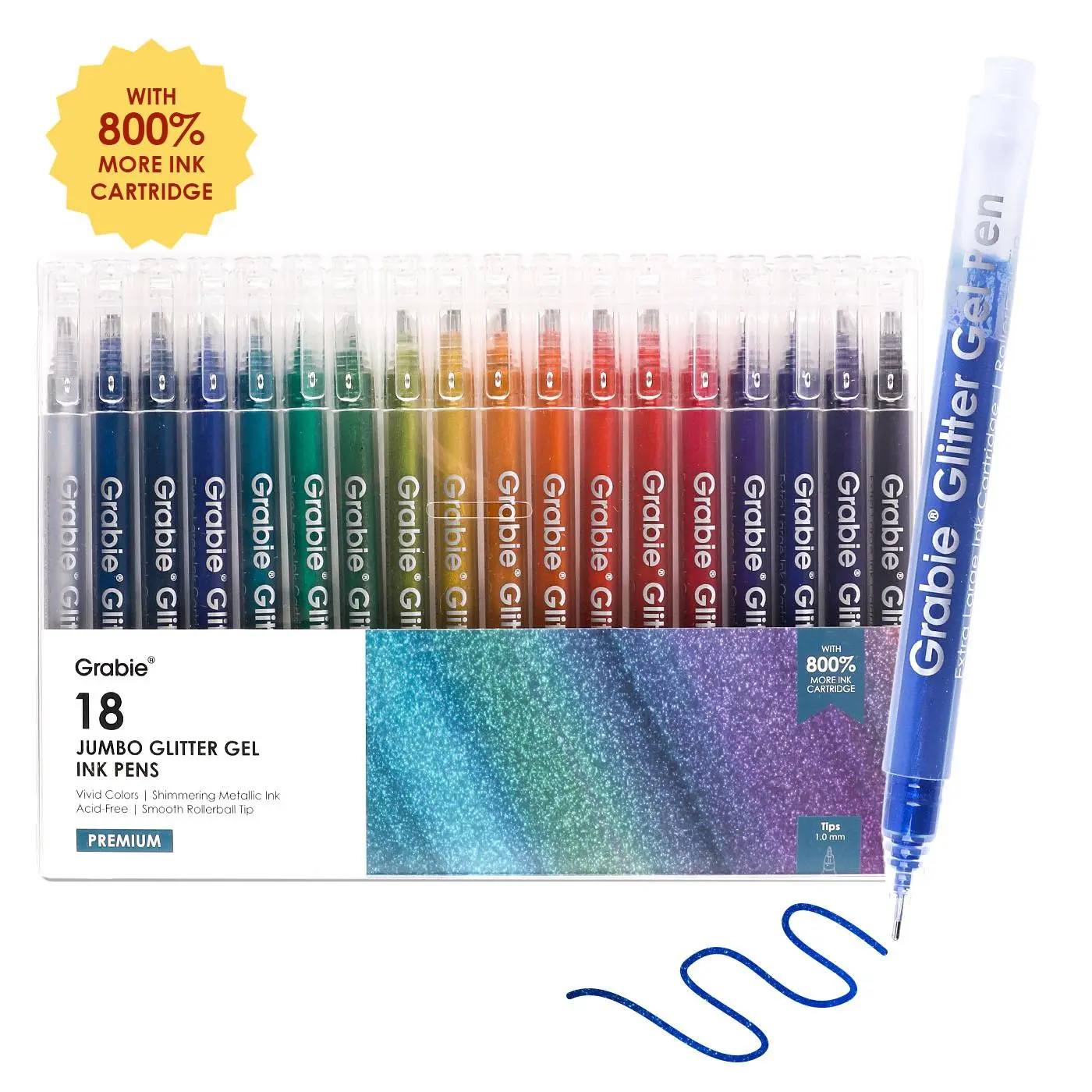 Grabie Jumbo Glitter Gel Art Pens Set of 18 - 800% More Ink (Plenty of Ink), 18 Vibrant Colors, 1.0mm Rollerball Tip, Smooth Writing, Acid-Free & Non-Toxic, Multicolor Colorful Precision Pens, 5 Free Coloring Pages, Back to School, Class Reward Gift Idea