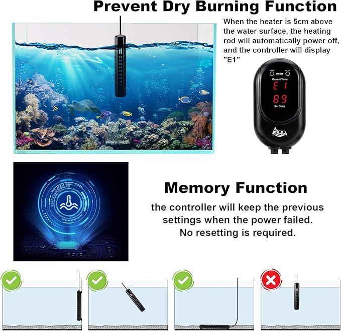 AQQA Submersible Aquarium Heater, Fish Tank Heater,External Temperature Controller LED Temperature Display,Suitable for Saltwater and Freshwater