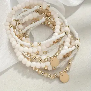 Boho Style Beaded Bracelet Set for Women - 10 Pieces Stackable Multi-Layer Pink Beads