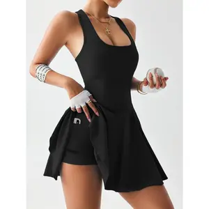 Women's One-Piece Tennis Skort Dress with Pockets, Summer Yoga & Athletic Casual Dress, Yoga Jumpsuit Skort, Removable Chest Pads, Liner Shorts with Side Pockets, Tennis Outfit & Athletic Wear
