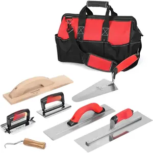 8 count Masonry Hand Tool Set Includes Finishing Trowel, Gauging Trowel, Groover, Edger, Extruded Alloy Float,  Float and Wire Twister, Organized in Tool Bag