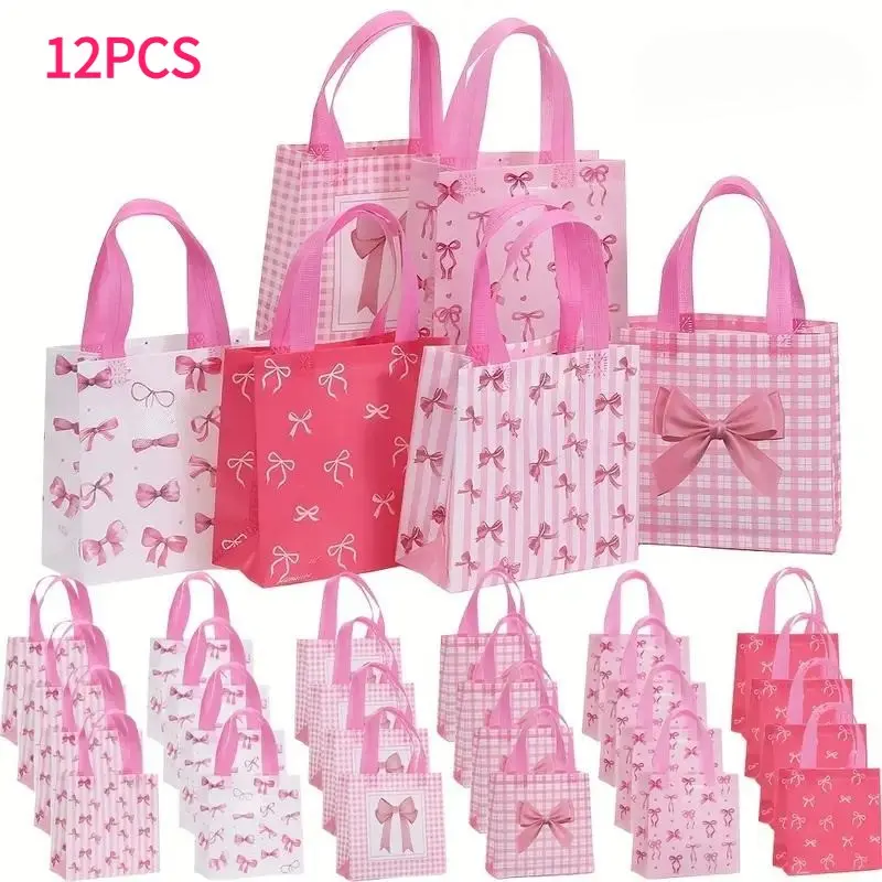 12-Pcs Bulk Cute Gift Bags with Bows, Reusable Non-Woven Shopping Tote Bags with Handles, Party Favor Bags, Birthday Party Favors, Party Favor Packs for Birthday, Wedding, Baby Shower, Christmas (7.8x7.8x3.5Inches)