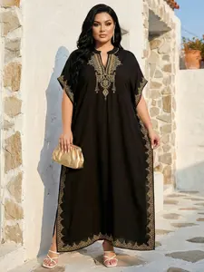 Plus Size Ethnic Pattern Embroidered Split Kaftan Dress, Boho Notched Neck Batwing Sleeve Long Dress, Summer Clothing, Women's Summer Clothes, Modest Clothing Caftan Robe, Muslim Women Gowns, Modesty Muslim Clothing