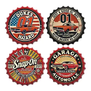 4pcs Bottle Cap Style Vintage Metal Tin Sign Set, Gas Oil Car Metal Signs for Garage Man Cave Bar Retro Wall Decoration for Man Cave Home Cafe Garage Club Bar Beer Bottle Cap 13.8 Inches Red & Black Border