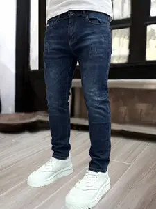 Men's Blue Slim Fit Stretch Denim Jeans, Distressed Washed Skinny Pants, Versatile Casual Long Jeans, Street Style Trendy Design, Streetwear