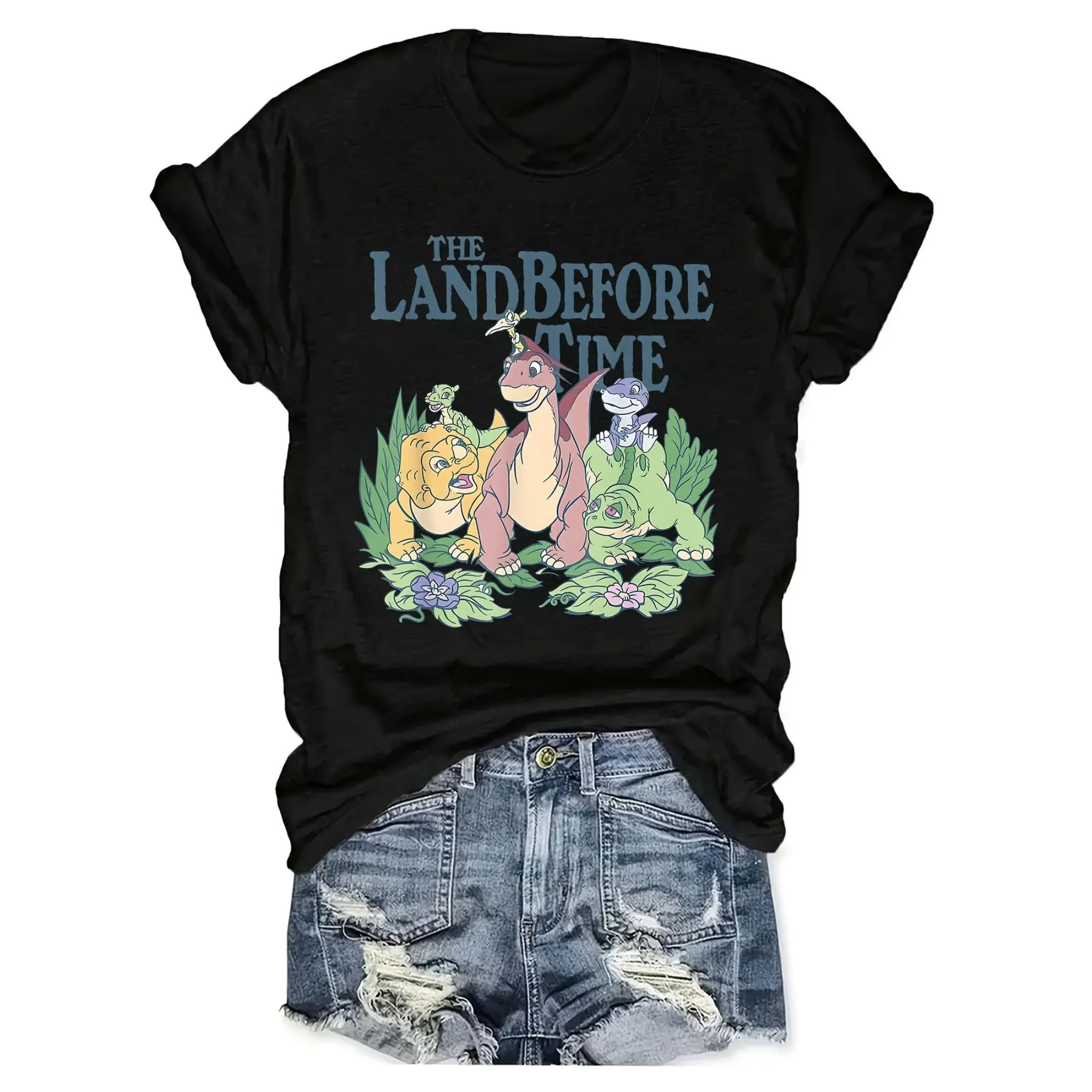 Women's Casual Dinosaur Print Crew Neck T-Shirt - Soft & Comfortable Short Sleeve Top with "THE LAND BEFORE TIME" Graphic - Machine Washable - Perfect for Summer & Spring Outfits