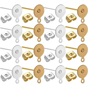 200pcs Stainless Steel Earrings Posts Flat Pad with Loop and 200pcs Butterfly Earring Backs for Earring Making,Gold & Silver