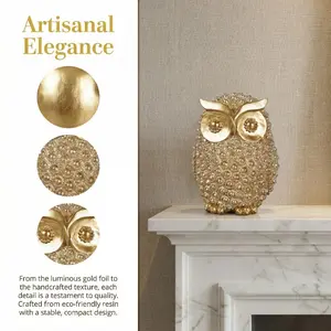 Golden Owl Resin Sculpture, Luxury Beaded Owl Statue, Minimalist Home Office Decor, Compact Stable Owl Figurine, Housewarming Gift