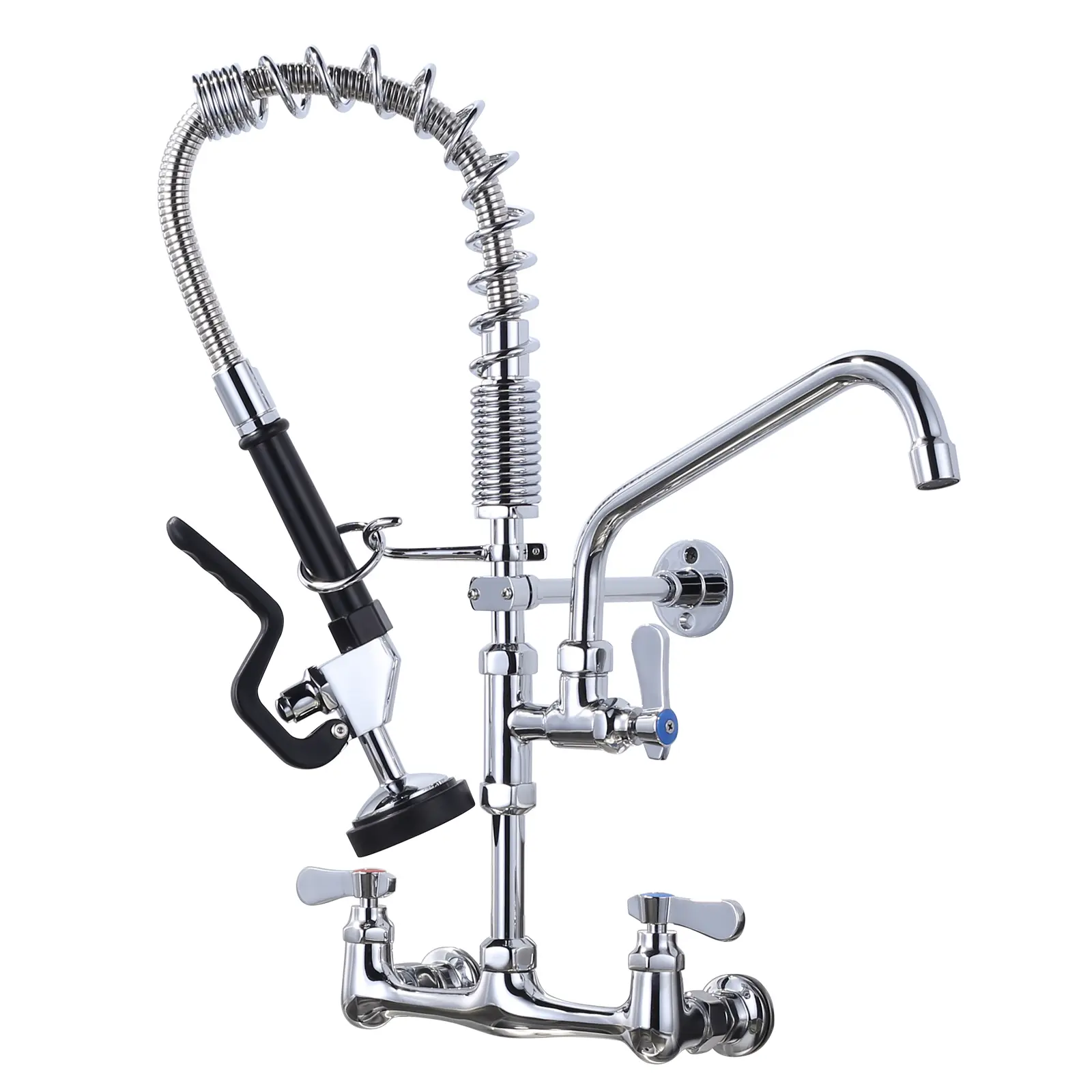 WOWOW Durable Multi-Purpose Solid Brass All-Chrome Commercial Wall-Mount Kitchen Faucet - 21" Height, 8" Center, 10" Add-On Swing Spout, NPT Inlet, Lever Design, Pre-Rinse Coiled Spring Pull-Down Faucet Sprayer Attachment for Dish Rinsing