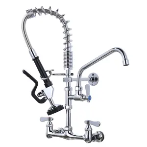 WOWOW Commercial Kitchen Faucet Wall Mount with Pre-Rinse Sprayer 21" Height Wall Mount Kitchen Sink Faucet 8 Inch Center with 10" Add-on Swing Spout Faucet & Coiled Spring Pull Down Spray