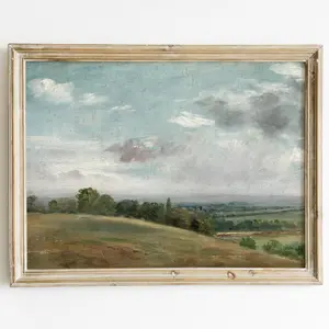 Vintage Landscape Seen From Hill | Antique French Country Decor Painting | Vintage Farmhouse Painting | French Farm Wall Art Printable