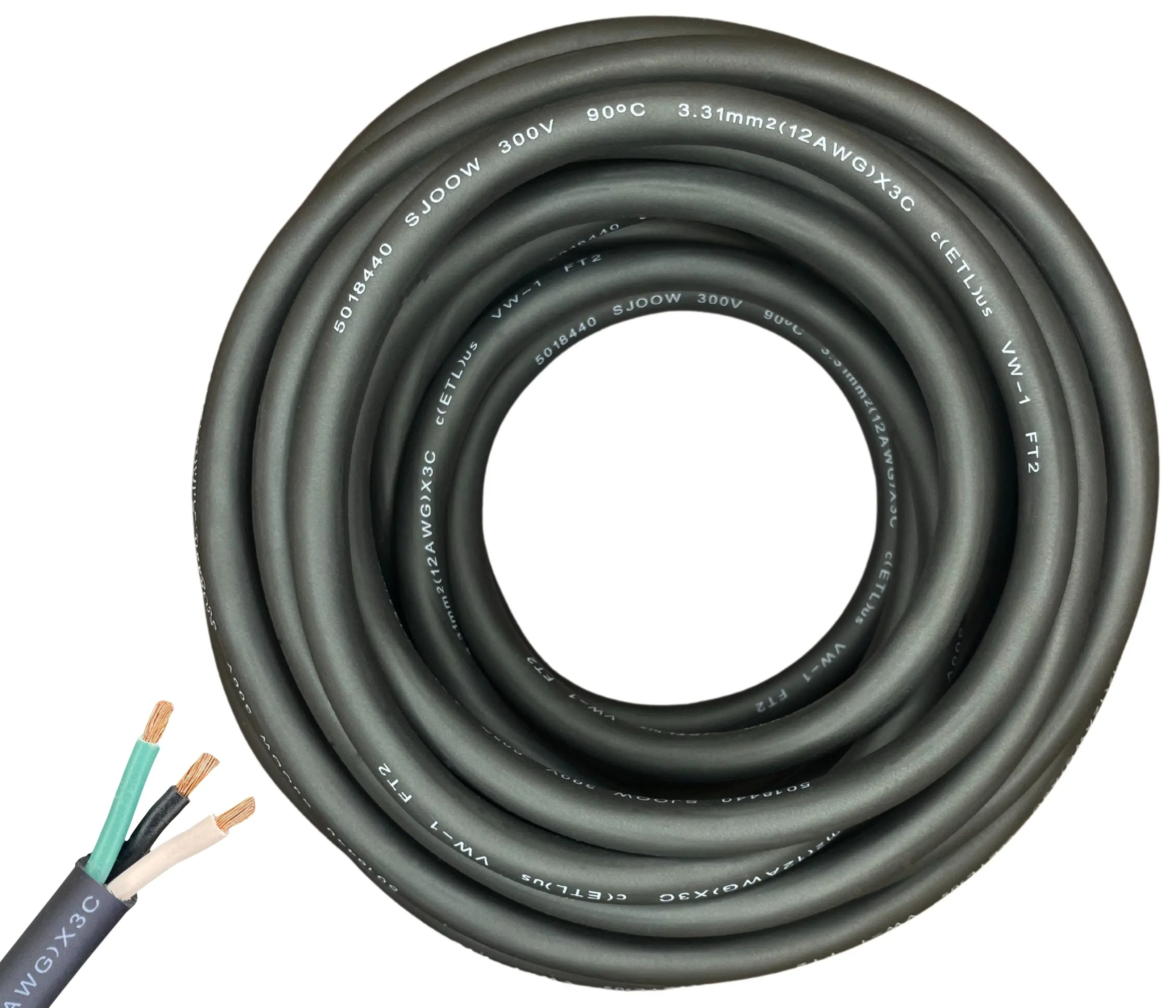 Windy Nation 12/3 SJOOW Cable 12 Gauge 12 AWG 3 Conductor 300V Portable Power Extension Cord with Ultra Flexible Insulation Jacket ETL Approved Heavy Wire Outdoor