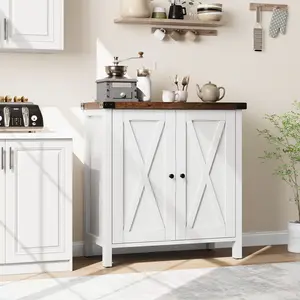 Sideboard Buffet Cabinet, Farmhouse Storage Cabinet, Credenza with 2 Doors and Adjustable Shelves,Small Accent Console Cabinets for Living Room, Entryway，Dining Room ,Dark Oak/White/Rustic Gray