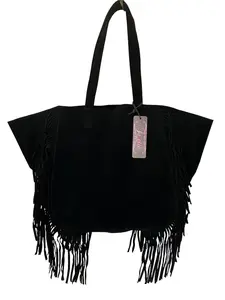 Suzette Collection Ultra Suede Oversized Bag With Fringe For Everyday Use, Beach, Travel, Festivals and Shopping Black/Camel