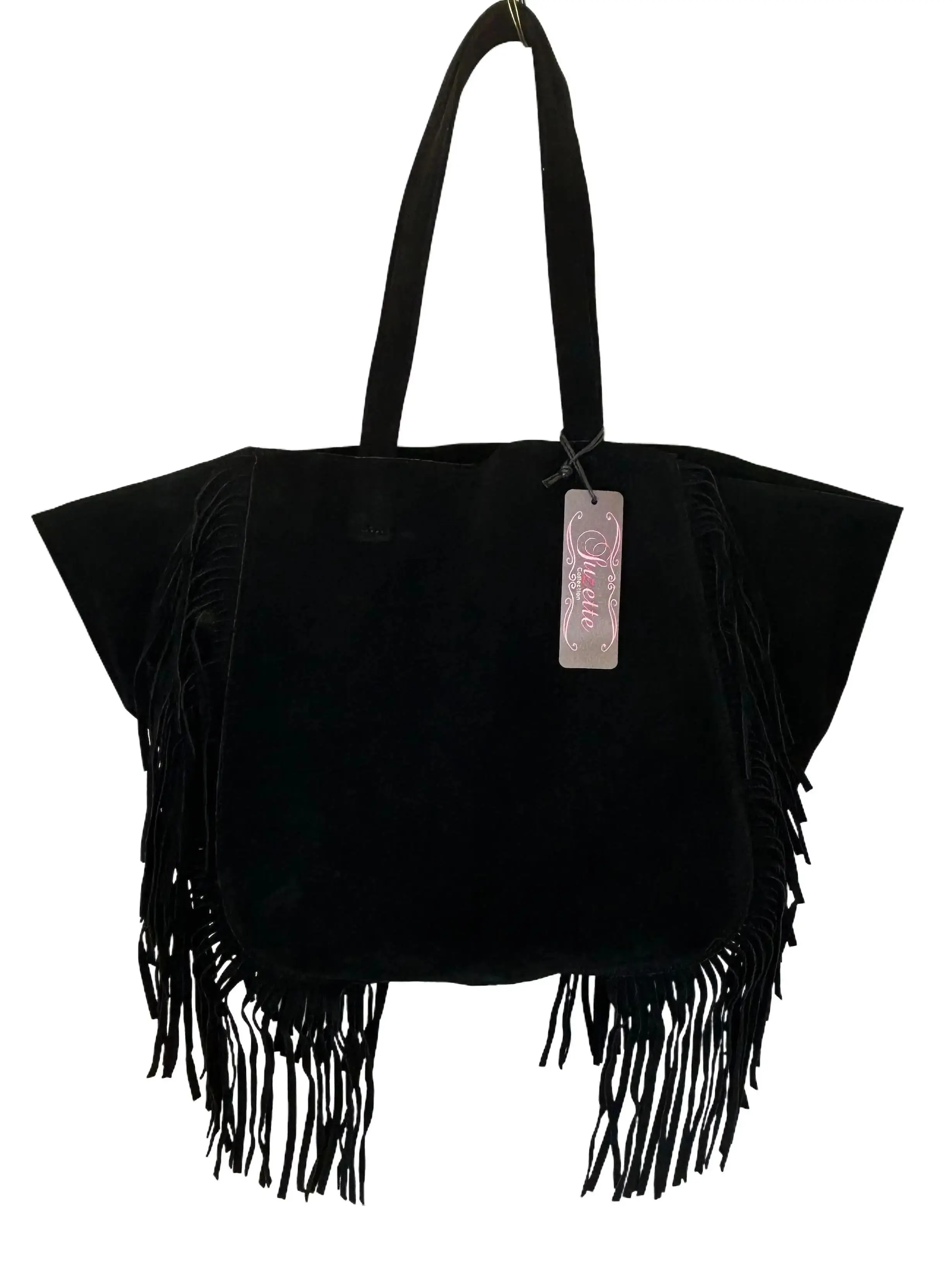 Suzette Collection Ultra Suede Oversized Bag With Fringe For Everyday Use, Beach, Travel, Festivals and Shopping Black/Camel