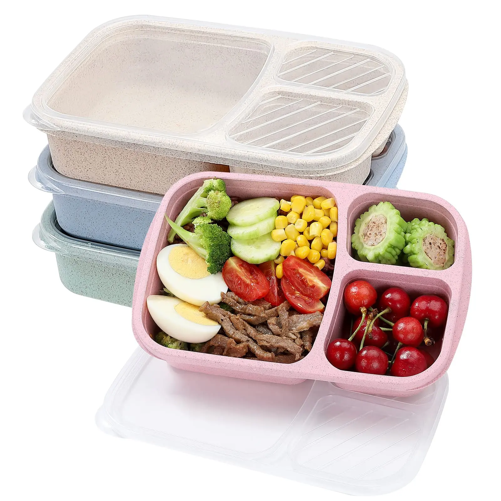 4 Pack Bento Lunch Box Set 3 Compartment Wheat Straw Meal Prep Food ...