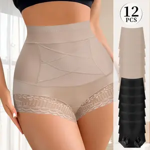 QUASTI 12 Packs Ultra Breathable High Waist Cross Design Sexy Panties with Lace Edge, Tummy Control Hip Lifting Ladies Panties Set for Postpartum Briefs, Breathable Elegant Aesthetic Boyshorts for Womenswear Dailywear, S-XXL