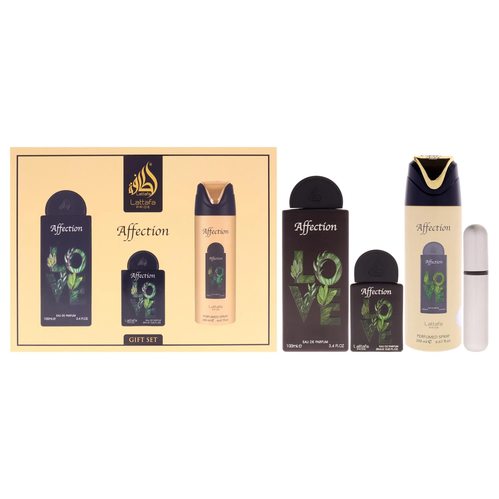 Pride - Affection by Lattafa for Unisex - 3 Pc Gift Set 3.4oz EDP Spray, 0.67oz EDP Spray, 6.67oz Perfumed Body Spray