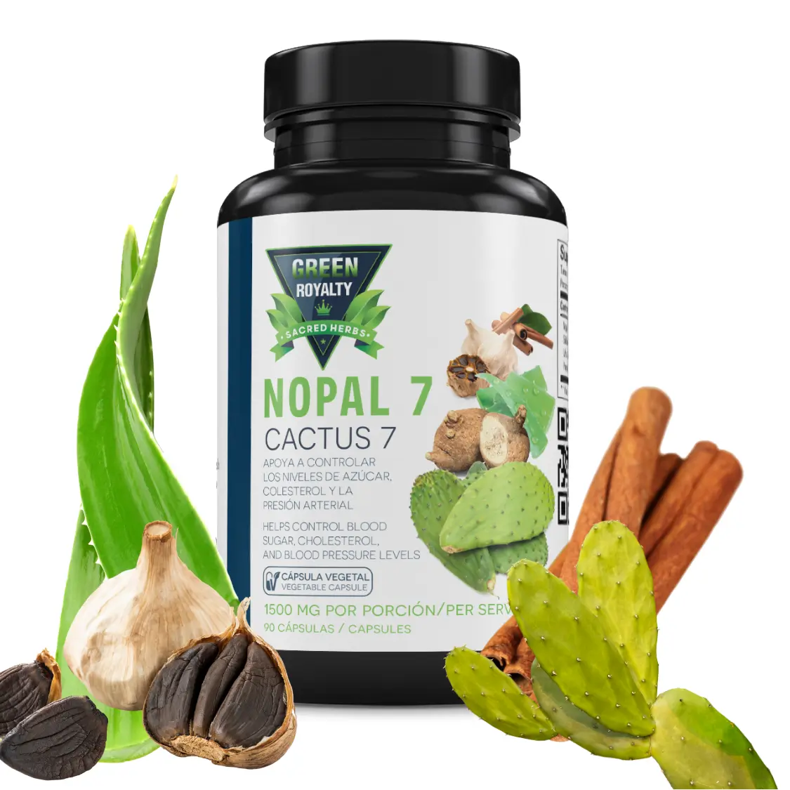 Green Royalty Nopal 7 Cactus Botanical Dietary Supplement - 90 Organic Vegan Capsules, Adults' Natural Wellness Boost, Cholesterol Management, Daily Gut Support