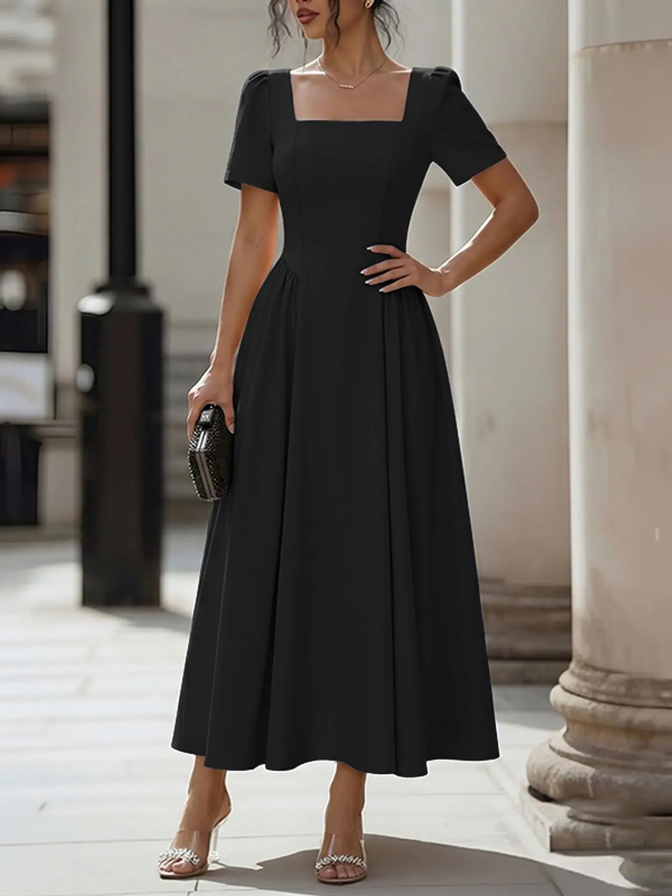 ZANZEA Women's Square Neck Short Sleeve Waist Cinched Dress, Solid A-Line Pleated Design, European and American Casual Classy Elegant Style, Formal, Womenswear, Elegance