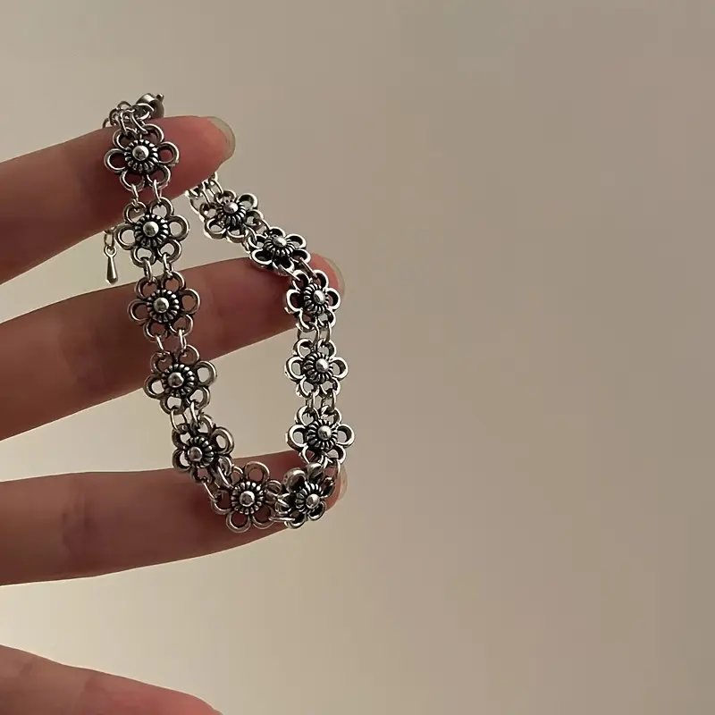Women's 2pcs 925 Silver Vintage Bangle Stack Set - Distressed Small Flower Design, Chic Simplicity Costume Jewelry, All Seasons Wear, Best Gift for Girlfriend, Holiday Essential