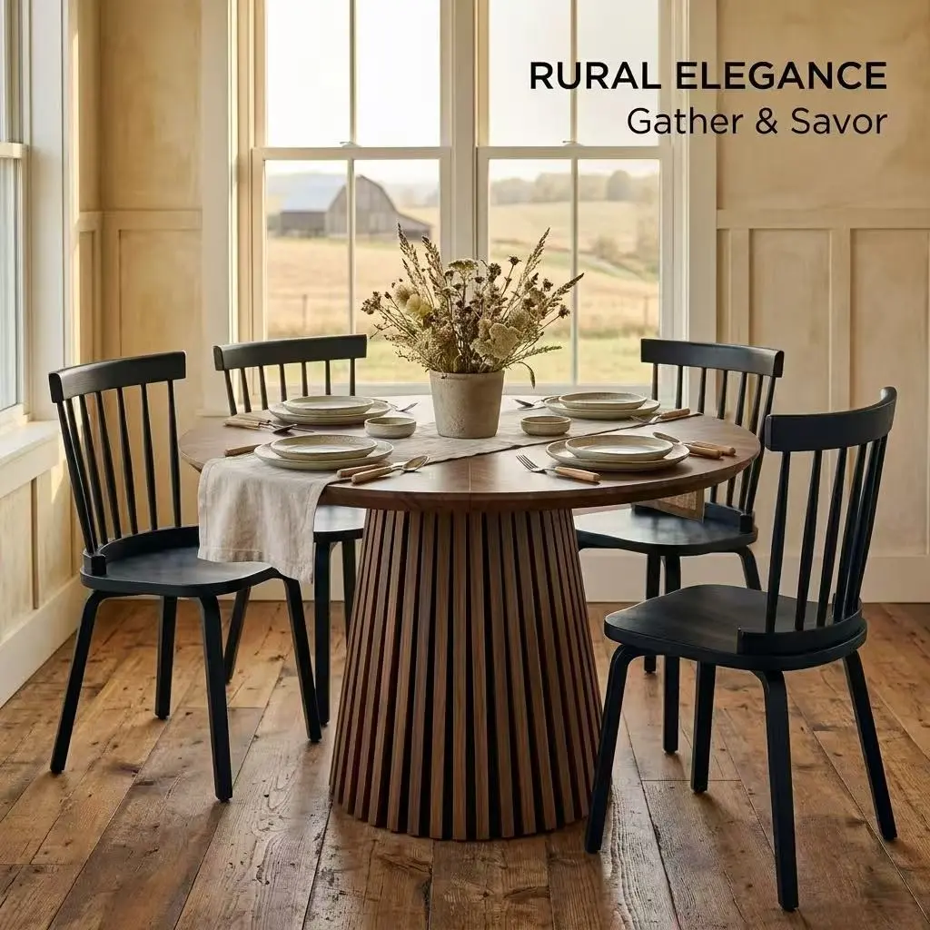 Round Dining Table Set with 4 Solid Wood Windsor Spindle Back Chairs, Modern Farmhouse Kitchen Table for 4, Sturdy Seating for Dining Room Apartment