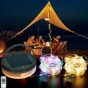 Solar Camping String Lights 130LEDs,33 FT Fairy Lights with 13 Lighting,Portable Waterproof 4 in1 Camping Lantern,Retractable Twinkle Lights for Outdoor Camping Gear Essentials Accessories