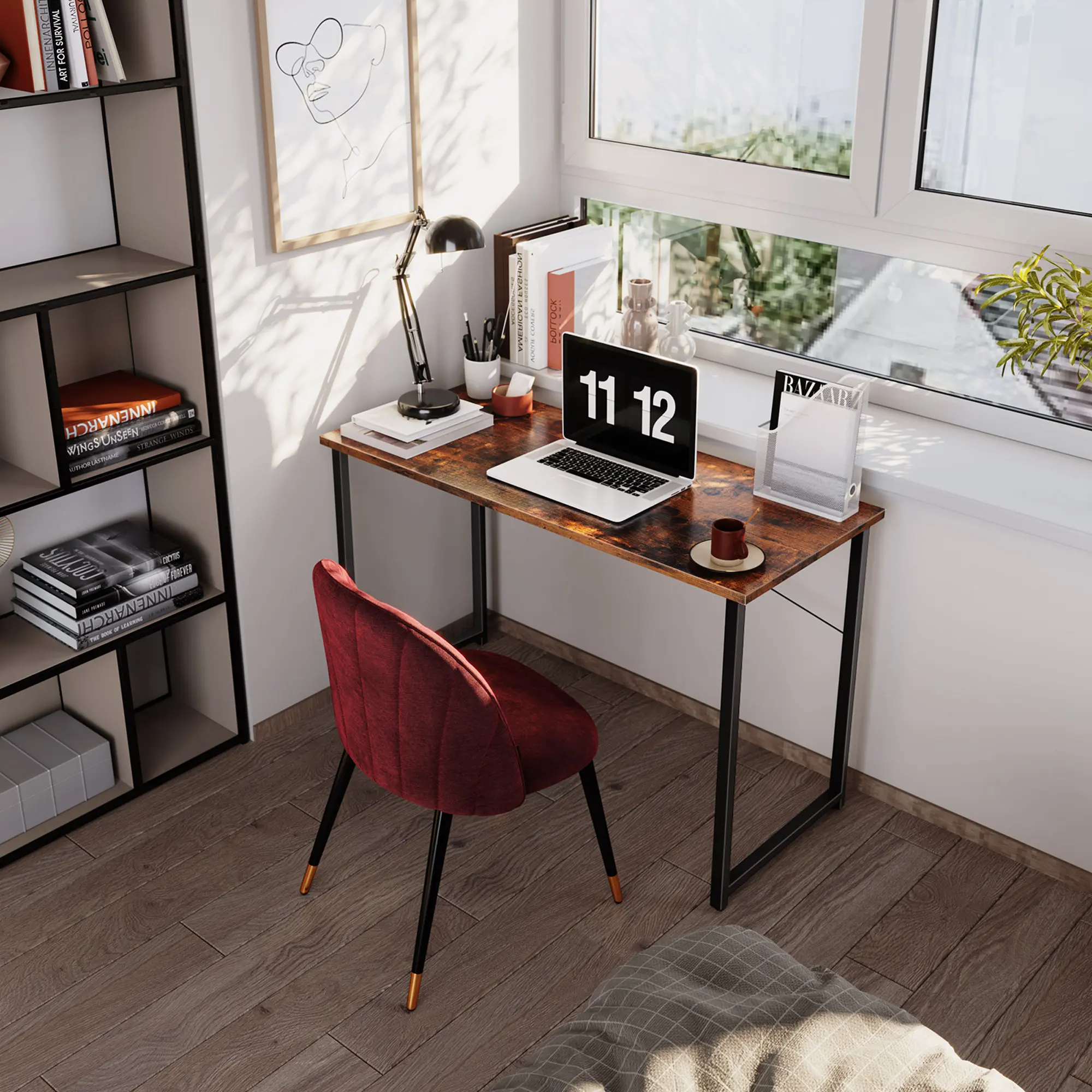 OffiGo Small Desk for Home Office – Modern Study Writing Table for Small Spaces, Space-Saving Computer Desk with Headphone Hooks