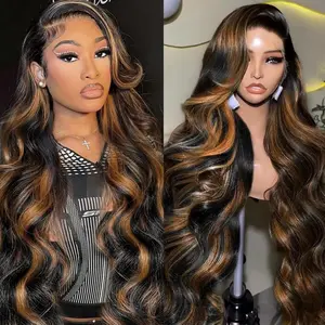 [Blend 90% human hair] IDHERE 180% Density Balayage Highlight Body Wave Wigs on Sale 5×5 13x4 HD Transparent Lace Front Wig Glueless Wig Pre Plucked Bleached Knot Virgin Human Hair Cheap Wigs