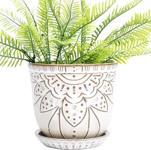 5.9 inch Round Bohemian Style Ceramic Planter, Geometry Engrave  Brown Planter Flower Pot, Indoor Outdoor Decorative Planter