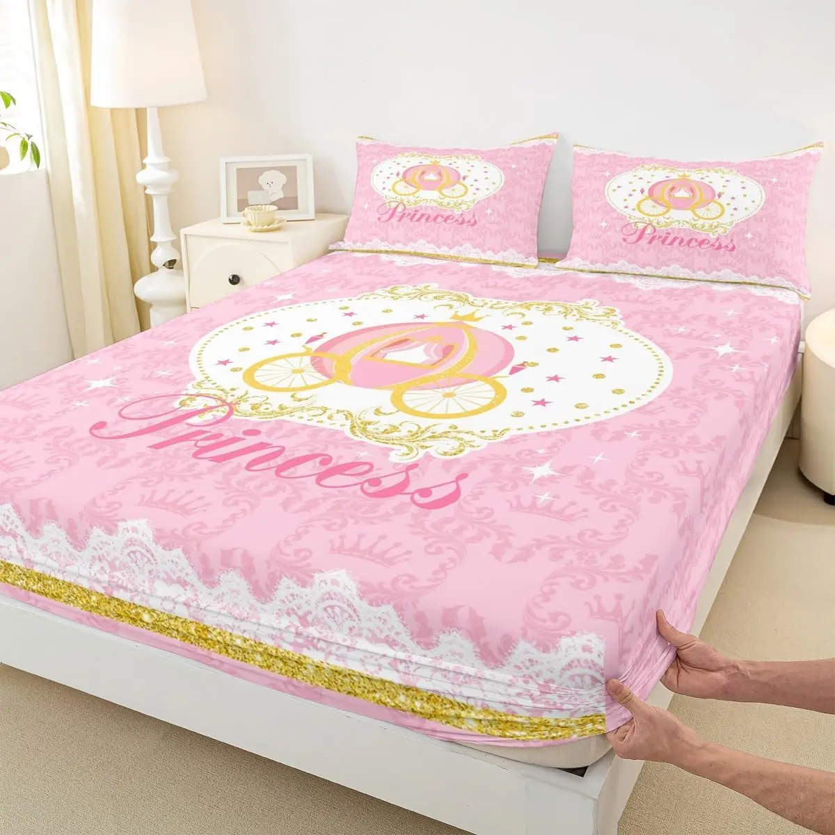 Pink Theme Bedding Set Carriage Bed Set for Girls Teens Bedroom Decor Kids Princess Style Fitted Sheet Soft Microfiber Cute Cartoon Bed Cover(1 Fitted Sheet+1 Pillow Case)