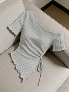 Women's Asymmetrical off Shoulder Short Sleeve Knit Top, Side Ruched Tie Hem Irregular Bottom Casual Slim Fit T-Shirt