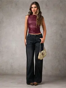 Women's Y2K Style Leather Sleeveless Vest Top, Fitted, Fashionable Aesthetic Spring Summer Fall Wear, Casual & Stylish Design, Perfect for Daily Womenswear