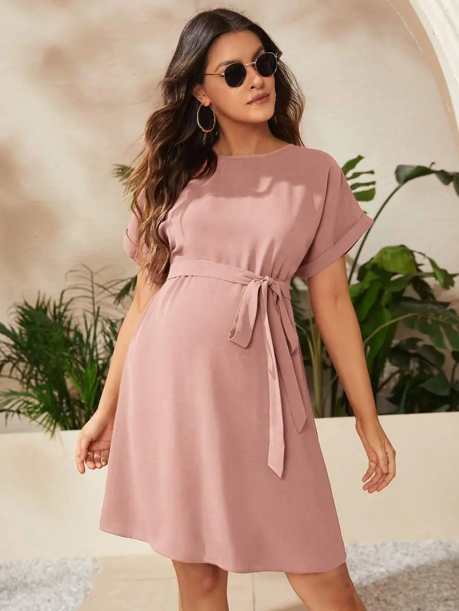 NOGN x Maternity Solid Color Round Neck Short Sleeve Knotted Waist Casual Pink Dress