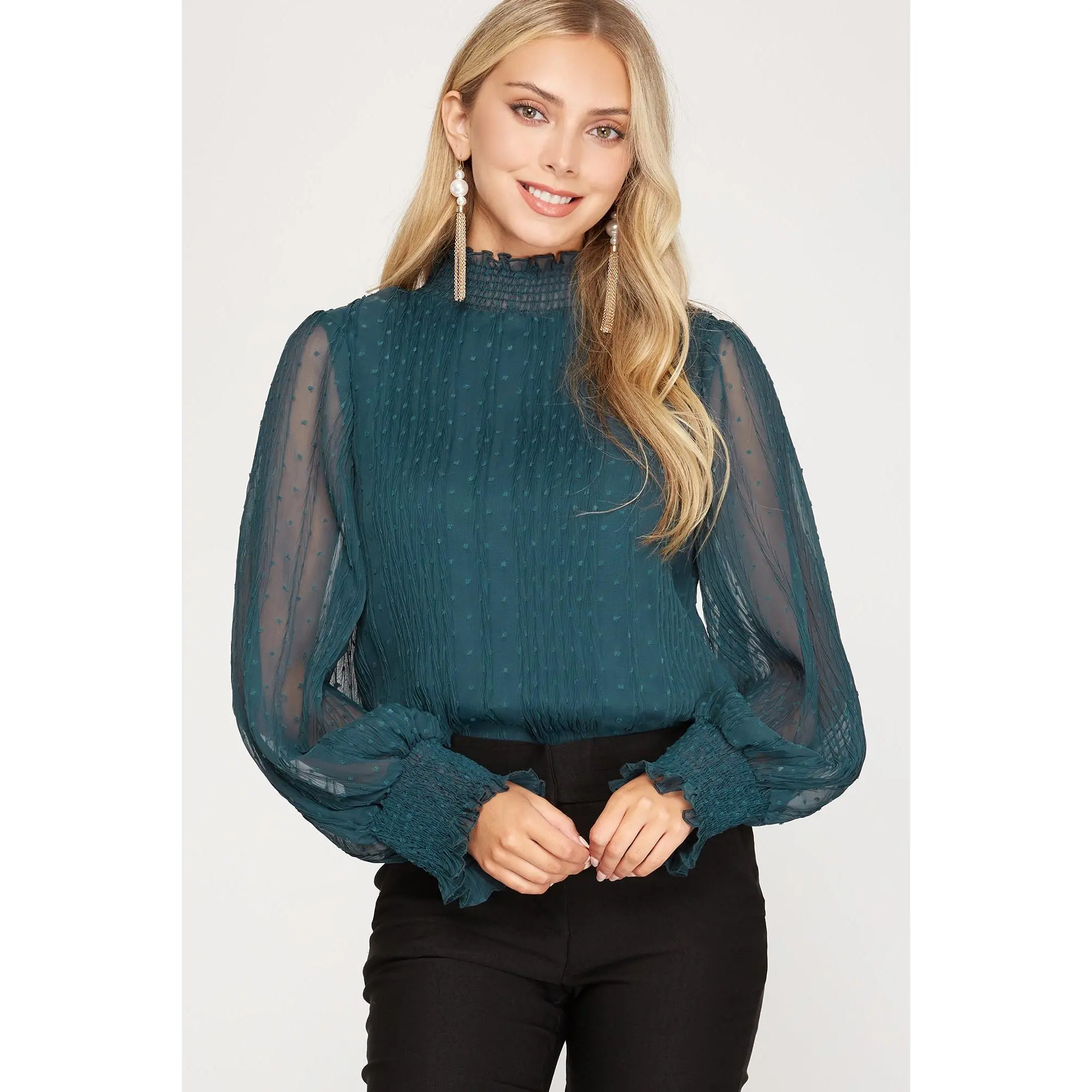Elegant Plisse Swiss Dot Smocked Neck Bodysuit - Teal