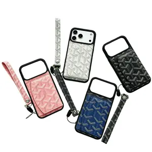 New leather stackable card holder phone case suitable for iPhone 17 Pro Max, light luxury trendy lanyard style, full protection anti-drop case