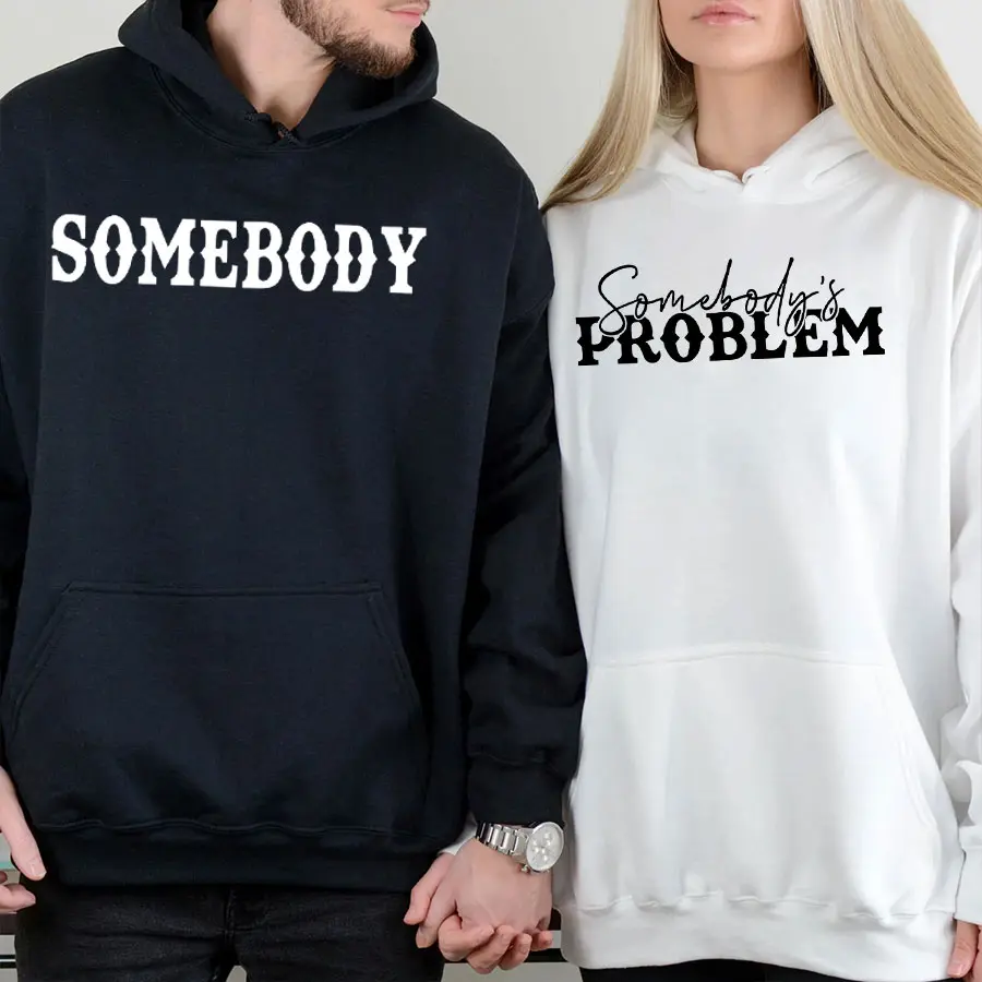[Made in USA] Somebody Somebody’s Problem Matching Couple Hoodie, Funny His and Hers Unisex Pullover Sweatshirt, Cute Streetwear Outfit for Boyfriend Girlfriend, Trendy Black Casual Hoodie Gift for Men and Women
