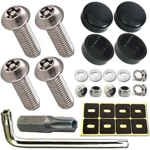 Anti Theft License Plate Screws- Rust Stainless Steel Plate Screw Resistant Security Tamper Resistant Machine License Plate Bolt License Plate Frame Fastener, Black Caps, Anti-Rattle Pad