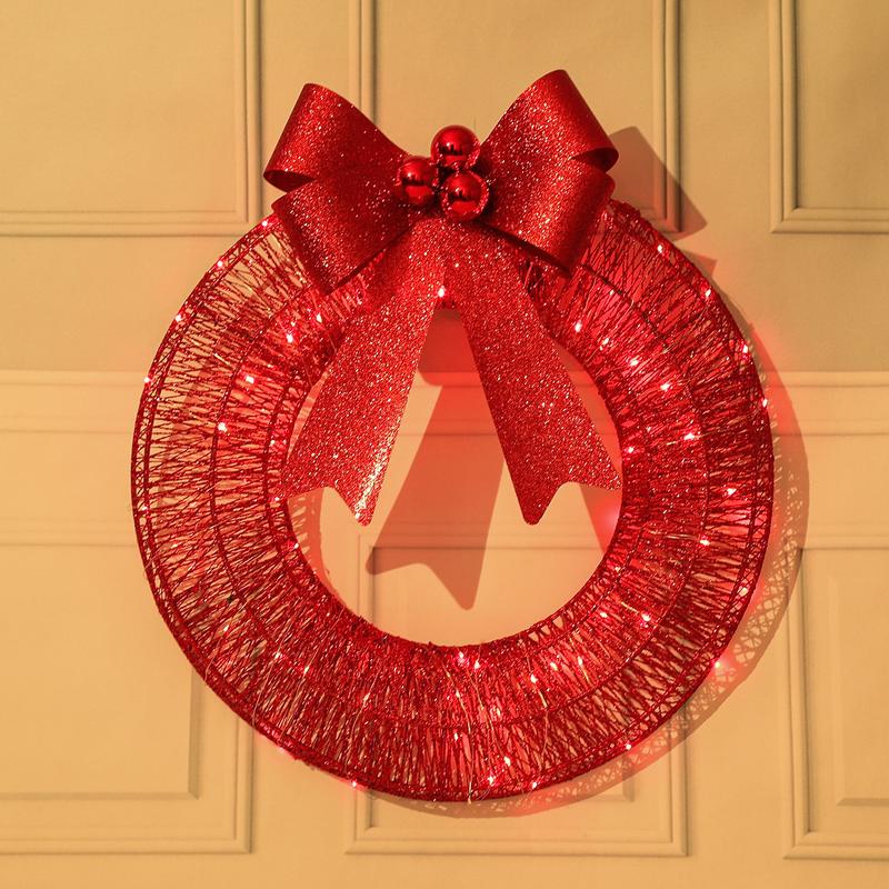 30-50cm Pre-Lit Outdoor Christmas Wreath Decoration with 400 Warm White LED Lights Timer Remote Control Green Red Bow for Home Exterior Garden
