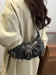 Women's Punk Style Motorcycle Shoulder Bag, Vintage Faux Leather Crossbody Bag, Trendy Rivet Clasp Underarm Bag, Y2K Punk Motorbike Bag, Fashionable Shoulder Bag