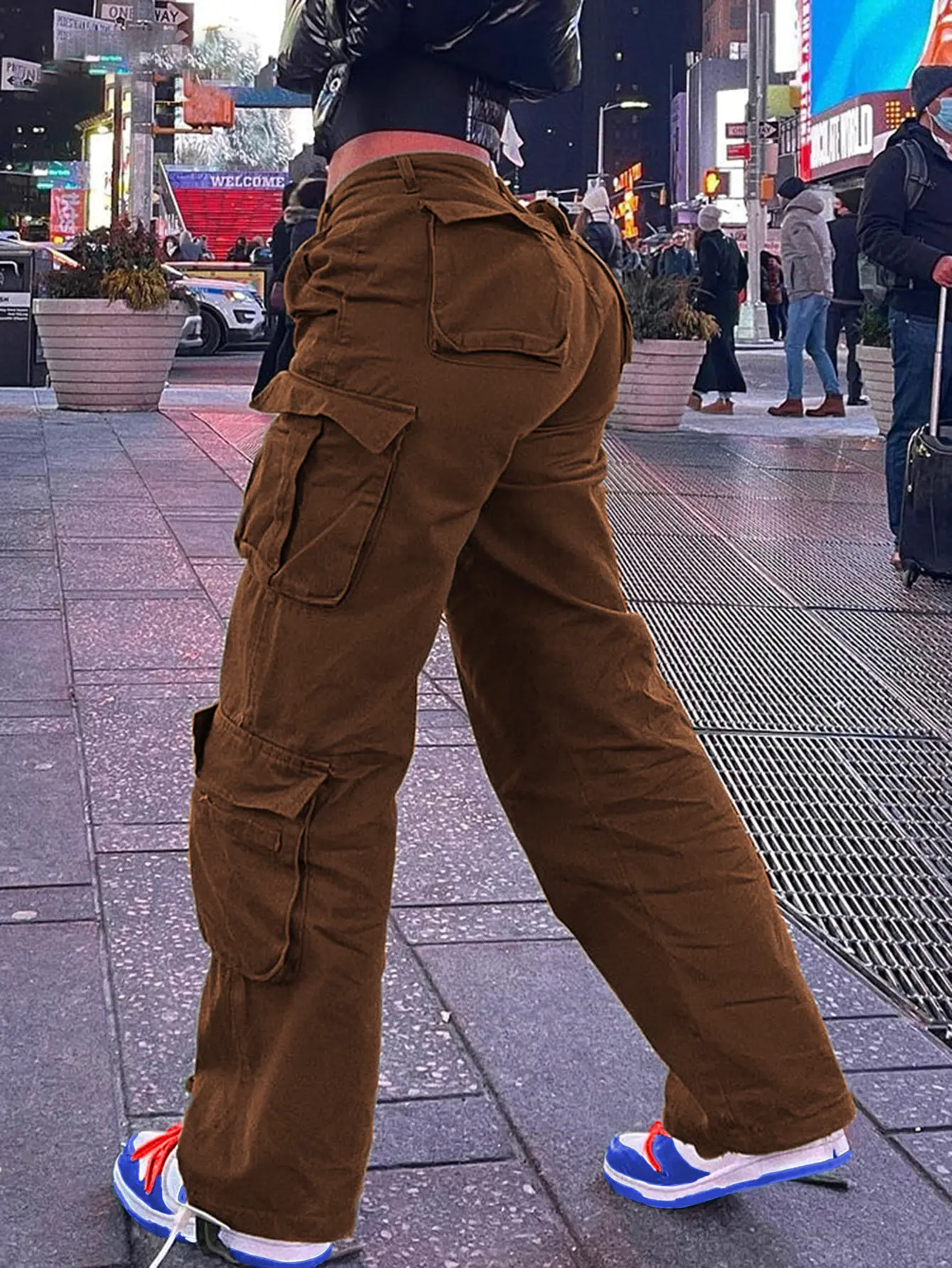 Women's Minimalist Cargo Pants in Shiny Denim, Wide-Leg Streetwear Style with Utility Pockets for Outdoor Day Wear, Fabric, Drawstring, Crop, Everyday, Bottom, Casual, Loose Fit, Multi-Pockets, Oversized, Basic, Outdoors