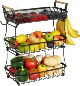 3 Tier Fruit Basket with 2 Banana Hangers, Countertop Fruit Vegetable Basket Bowl for Kitchen Counter Metal Mesh Basket Fruits Stand Produce Holder Organizer for Onion Potato Bread Snack Veggie
