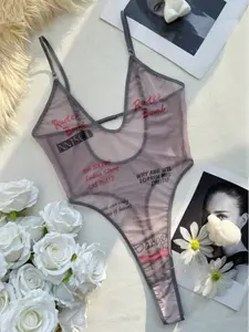 Women's Sheer Mesh Teddy Bodysuit, Funny Letter Print 1-Piece Lingerie with a Deep V Neck, Adjustable Straps, and Wireless Support for Party
