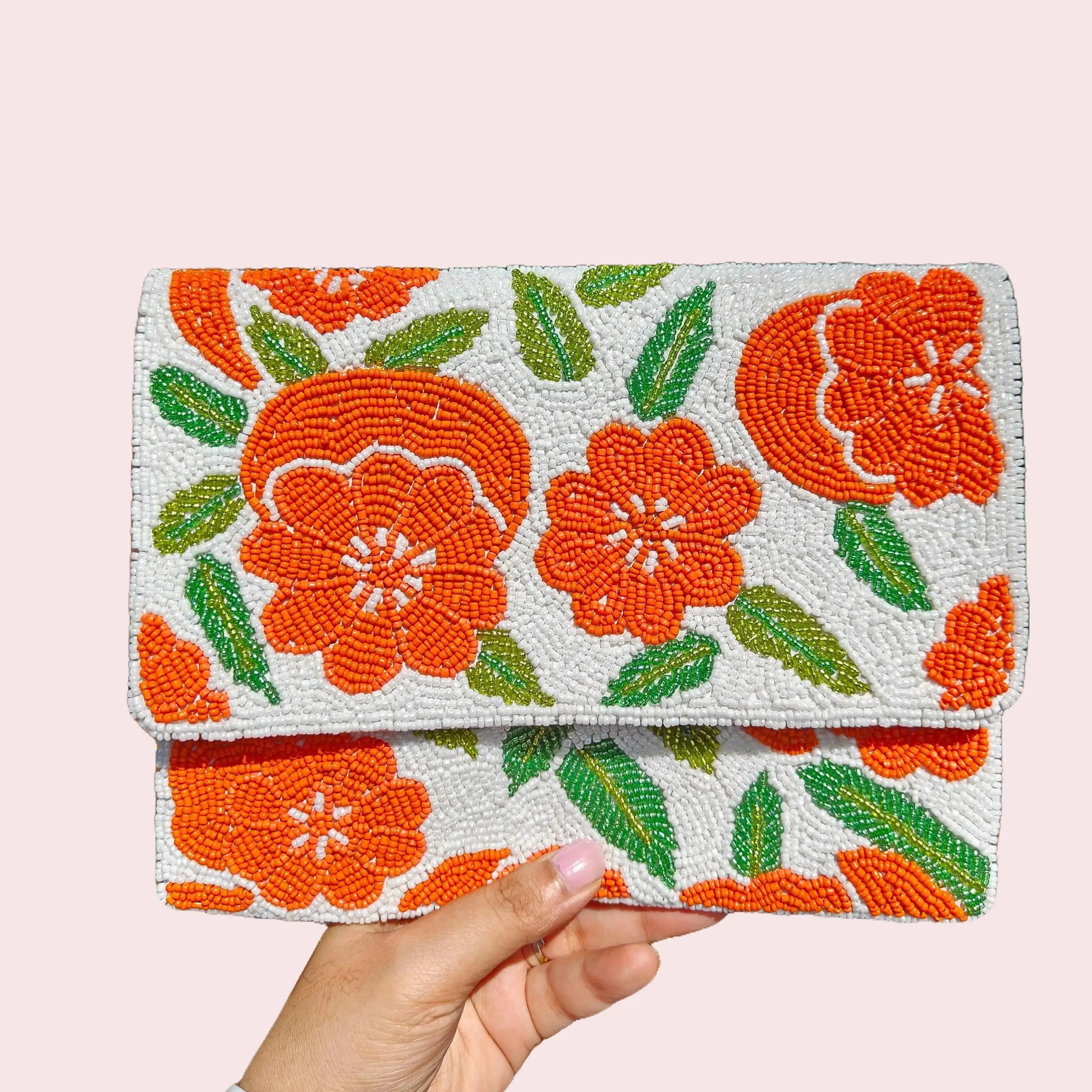 The "Sunset Poppy" Beaded Clutch with Chain - Orange Floral Design on White Background, Beaded Detailing, Magnetic Closure, Versatile Accessory for Evening Events