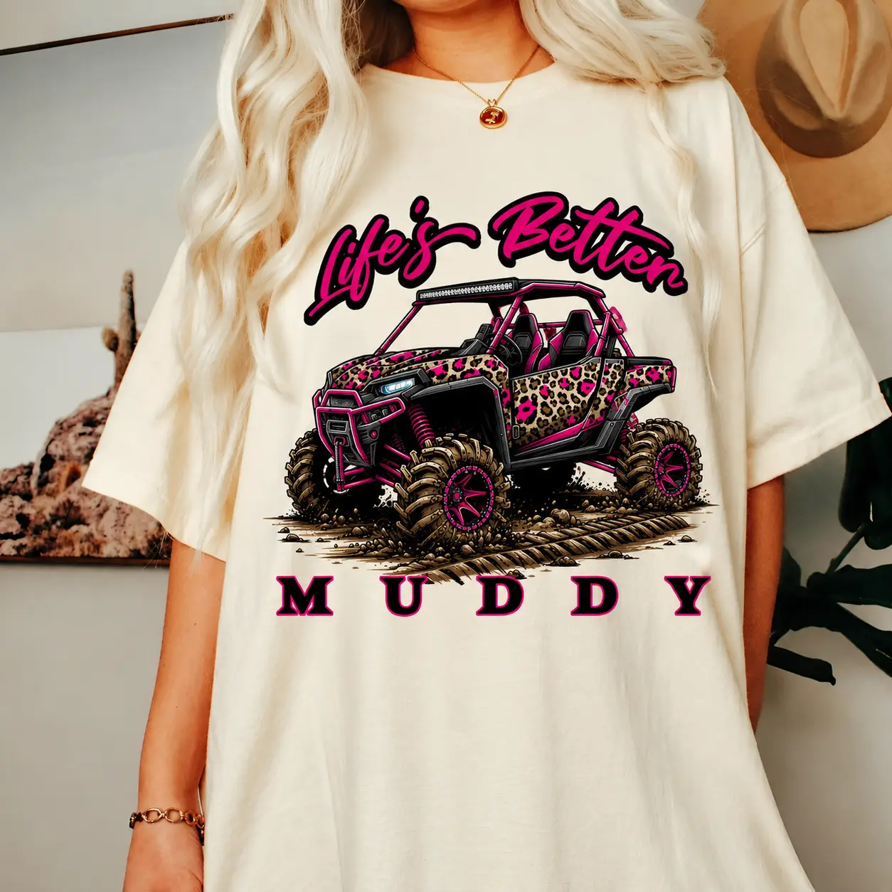 Life's Better Muddy T-Shirt, Pink Leopard Side By Side UTV Shirt, Off Road Mud Riding Tee, SxS Adventure Graphic, Vintage Country Gift, Gift for Girls Women
