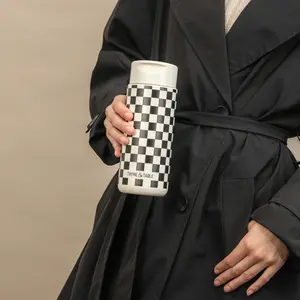 Double Wall Insulated Stainless Steel Coffee Tumbler, 22oz Travel Mug, Cream & Black Check Drinkware Flasks